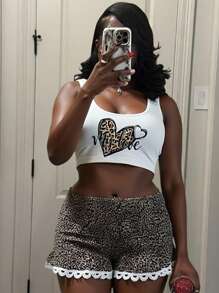 Slaydiva Damen Leopard Herz Muster Top & Shorts Zweiteiler für den täglichen Gebrauch, Rave - Khaki - Übersicht 5