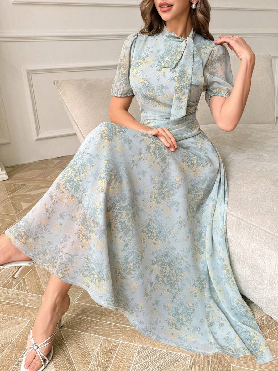 Modelyn Woman's Tie-Collar Cinched Waist Pleated Dress - Blue - View 1