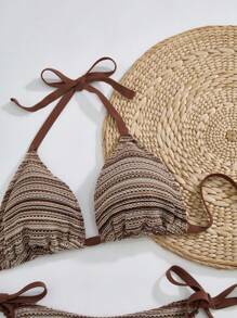 SHEIN Swim Curve Plus Size Women's 3pcs Swimsuit Set, Striped Tie-Front Tankini Top With Triangle Cups & High Cut Shorts Bottom Plus Cover Up, Sexy Beach Vacation For Summer