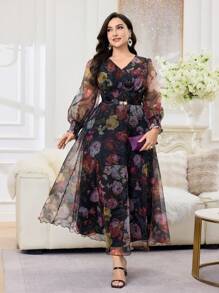 Modelyn Abito elegante taglia curvy con stampa floreale, scollo a V e maniche a lanterna