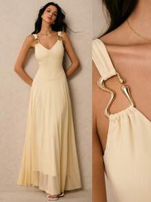 Poéselle 女士超长纯色无袖连衣裙，夏季时尚 - 杏色 - 查看 1