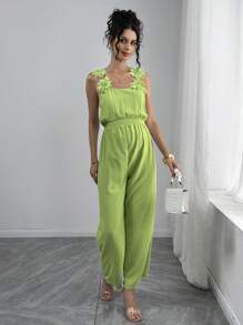 SHEIN Floral Decor Sleeveless Casual Loose Jumpsuit, Suitable For Spring/Summer Vacation, Maternity - Green - View 4