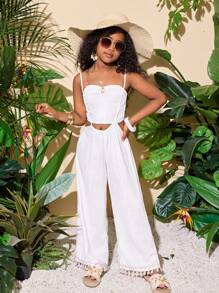 Conjunto de top tubo bohemio con flecos y pantalones de mezcla de lino a cuadros de color avena para niña preadolescente, conjunto de festival, outfit de vacaciones en Tulum o Bali, ropa de yoga, pantalones con flecos occidentales, conjunto de dos piezas para vacaciones de verano - Albaricoque - Ver 1
