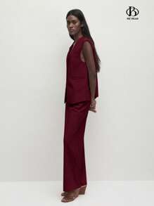 BizChic 2025 安哥拉红宽肩双唇口袋设计前扣开合女士背心套装，浪漫优雅日常时尚商务休闲通勤别致复古风格女士休闲套装，秋冬女士办公室穿着 - 酒紅色 - 查看 8