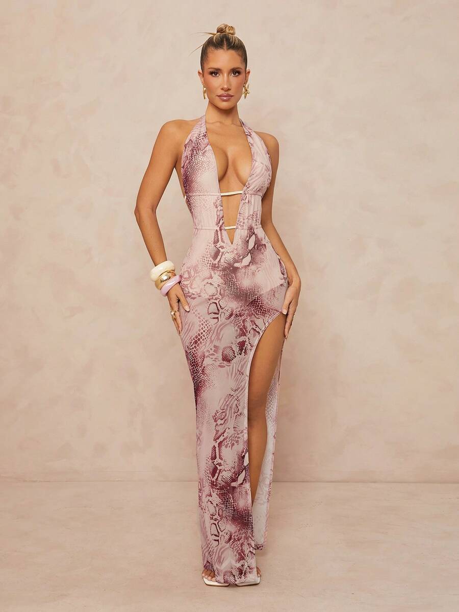 Lumalex Women's Backless Halter Neck Deep V-Neck Bodycon Dress With High Slit - Multicolor - View 1