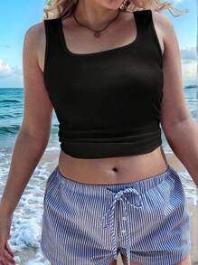 SHEIN EZwear 大码女式简约黑色无袖背心，带粗肩带，适合夏季