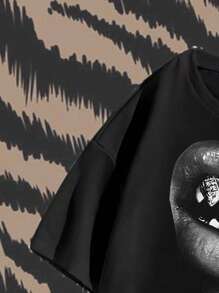 Manfinity ZONE917 Men's Street Style Sexy Lip Print Loose Fit Short Sleeve Graphic T-Shirt, Summer