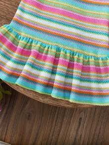 SHEIN Young Girl Summer Korean Style Cute Tie Shoulder Rainbow Striped Backless Dress, Sweet & Fashionable For Vacation