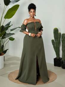 Maweii Vestido casual de hombros descubiertos de unicolor para tallas grandes - Verde militar - Ver 1