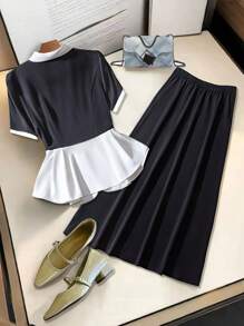 SHEIN Clasi 2pcs/Set Women Solid Woven Shirt And Slit Back Skirt, Cinched Waist Waist Semi-Formal Summer Suit - Black - View 2