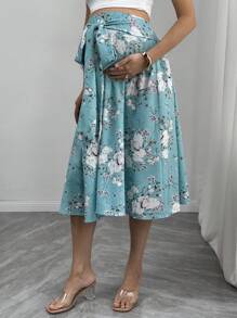 Momance Elegant & Comfy Floral Print Drawstring Waist Maternity Skirt