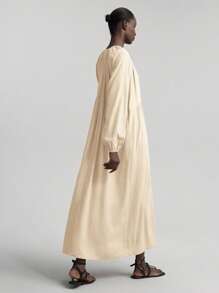 Ontre Đầm dài tay đơn sắc cổ tròn tua rua thời trang dành cho nữ, thích hợp mặc đi biển, đi nghỉ, tốt nghiệp, đi làm, đi biển, ngày lễ, tiệc trà, tiệc tùng, váy đi nghỉ thường ngày - Màu be - Xem 2