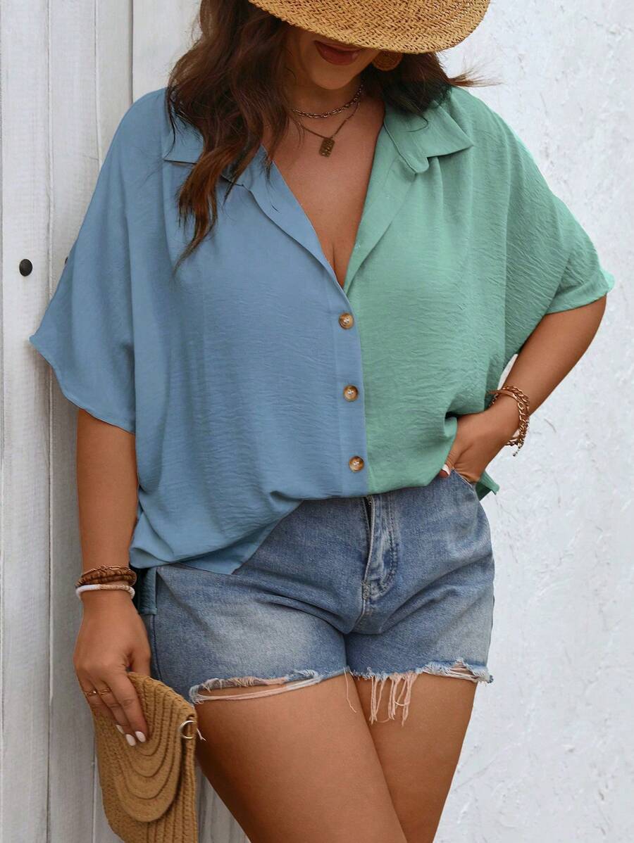 SHEIN LUNE 大码女式单排扣宽松蝙蝠袖撞色休闲衬衫，夏季
