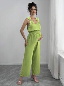 SHEIN Floral Decor Sleeveless Casual Loose Jumpsuit, Suitable For Spring/Summer Vacation, Maternity - Green - View 3