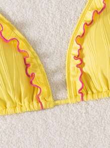 Swim Mod Women's Textured Fabric Halter Neck Triangle Yellow Bikini Top For Summer Beach Vacation - Yellow - View 7