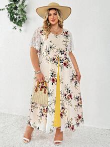SHEIN CURVE+ فستان ماكسي قصير الأكمام طباعة وردية واسع الحجم للمرأة، مناسب للحفلات والزفاف والعطلات على الشاطئ، وارتداء الخريجين وحفلات الشاي، صيفي، ريفي، عطلة على الشاطئ