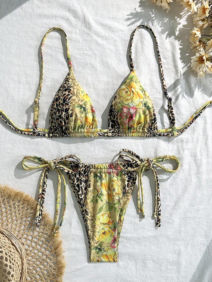 SHEIN Swim 女士豹纹花卉印花性感系带比基尼套装，高弹力假日休闲沙滩派对日光浴泳装，夏季 - 彩色 - 查看 1