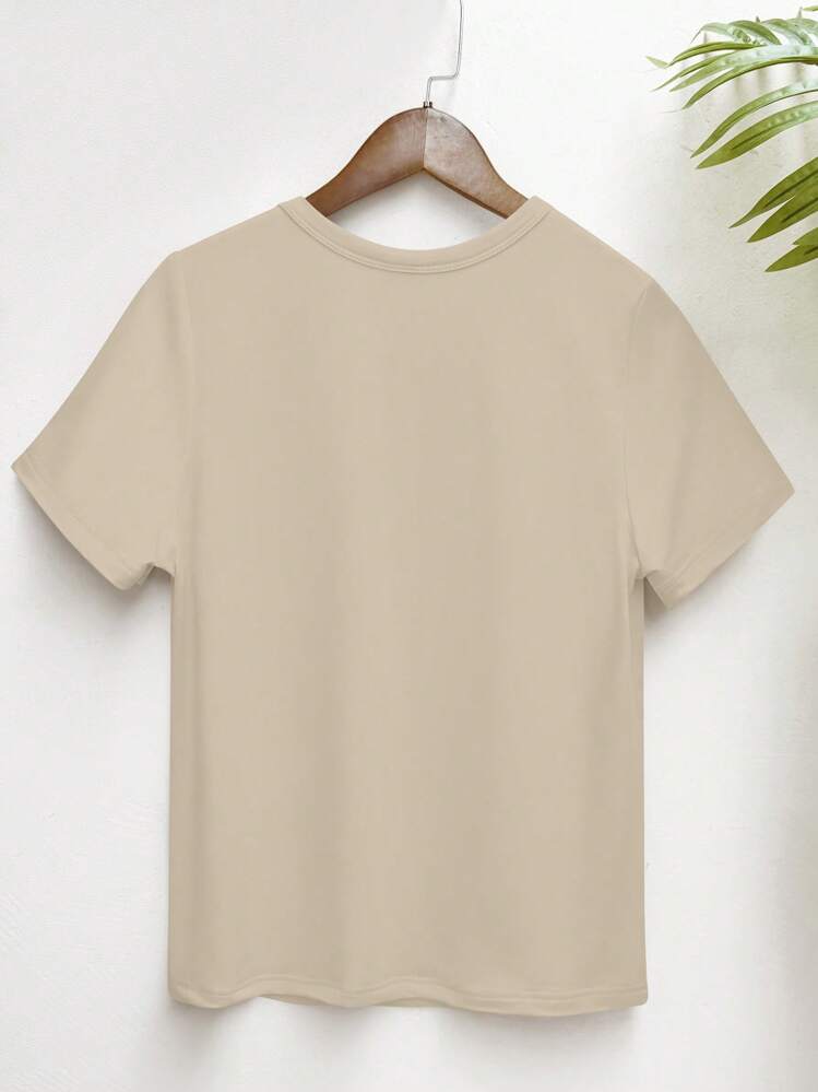 SHEIN LUNE Women's Sports Leisure Versatile Digital Printed Front Short Sleeve T-Shirt, Comfortable And Fashionable For Daily Wear - Khaki - View 2
