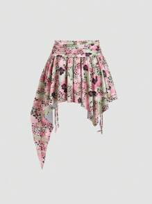 Sweetra Women's New Fashion Summer Pink-Green Floral Leopard Print Ruffle Drawstring Waist Western Style Beach Casual Asymmetric Ruffle Hem Asymmetrical Mini Skirt - Multicolor - View 2