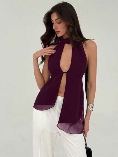 Aloruh Top sin mangas con cuello halter y abertura en el bajo, unicolor, para salir