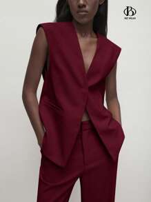 BizChic 2025 安哥拉红宽肩双唇口袋设计前扣开合女士背心套装，浪漫优雅日常时尚商务休闲通勤别致复古风格女士休闲套装，秋冬女士办公室穿着 - 酒紅色 - 查看 4