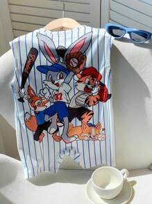 Bubblio 新生儿男童可爱卡通图案条纹短袖夏季连体衣 - 彩色 - 查看 7