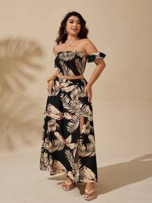 Sunserae 1 Set Plus Size Women Bandeau Elastic Waist Ruffle Top+Slit Maxi Skirt, Summer Tropical Floral Print Boho Beach Holiday Outfit, Black Style - Black - View 6