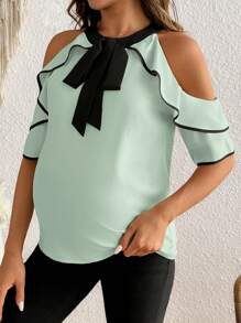 SHEIN Elegant Maternity Top With Tie Neck, Ruffled Hem, Color Block Design, Off Shoulder, For Summer - Mint Green - View 5