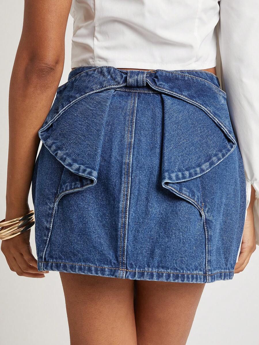 SHEIN Unity 裙子牛仔蝴蝶结牛仔迷你派对早午餐优雅辣妹俱乐部外出性感演唱会全国巡演音乐节夏季女士服装 - 淺色水洗藍 - 查看 1