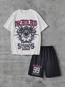 2pcs/Set Teenage Boys' Fashion Print Casual T-Shirt And Distressed Shorts Set