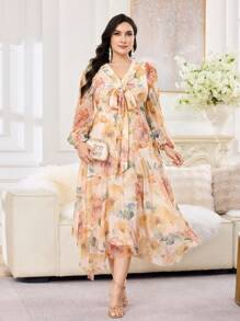 Modelyn Robe longue à manches longues et imprimé floral avec torsade à l'avant pour grandes tailles