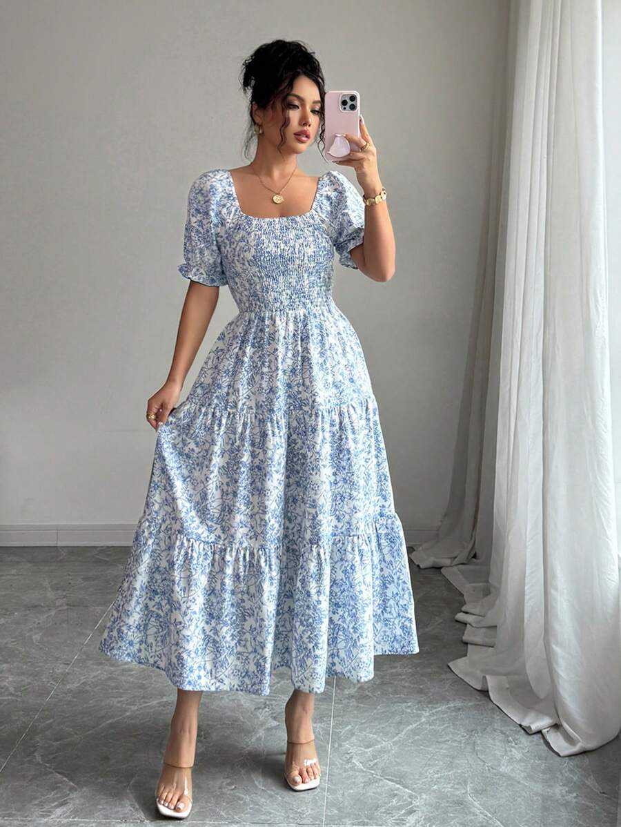 Elenzga Women's Elegant Printed Square Neck Fitted A-Line Dress, Spring/Summer - Blue and White - View 1