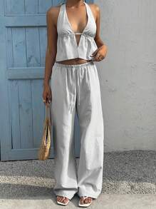 SHEIN Unity 2 件套女式蓝白条纹 V 领露背吊带上衣和高腰抽绳阔腿裤，棉质，时尚休闲装，春夏 - 灰色 - 查看 6