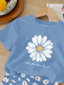 SHEIN 2件套年轻女孩休闲简约短袖短裤套装，夏季 - 彩色 - 查看 3