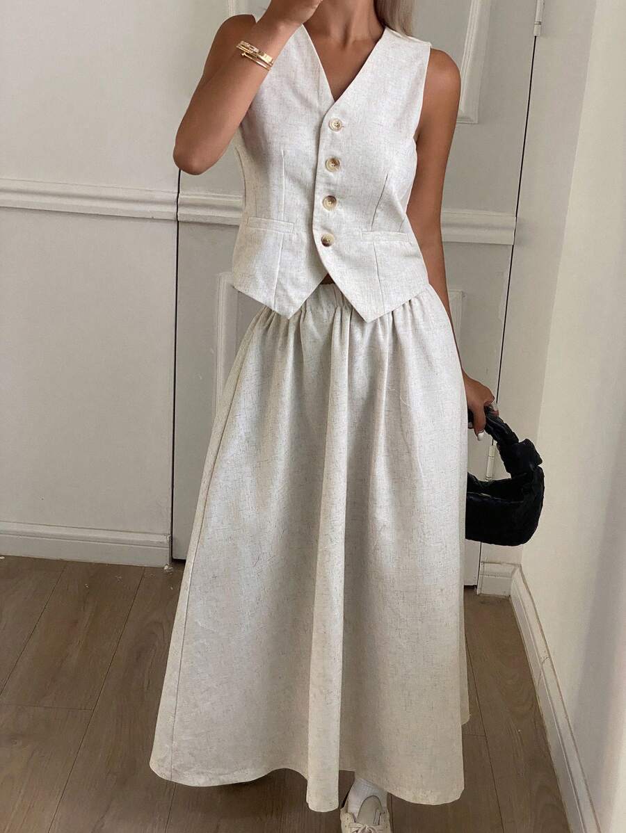 DAZY 女士夏季休闲纯色V领背心和裙子两件套亚麻 - 米色 - 查看 1