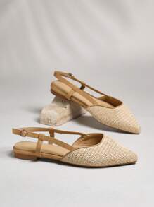 SHUZIA Women Comfortable Pointy Toe Flat Sling Back Raffia Flats For Christmas - Beige - View 4