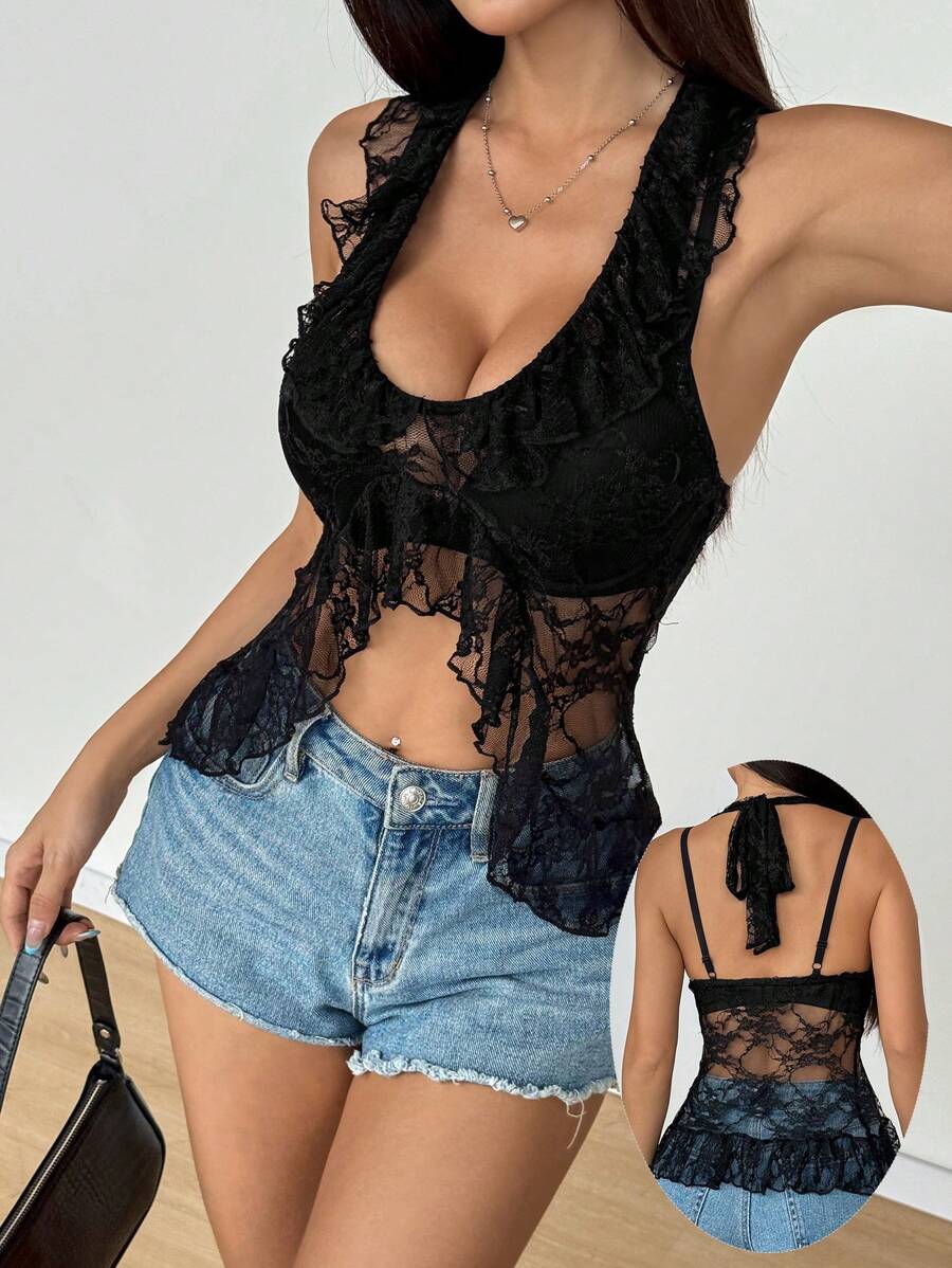 Chiquease Women's Semi-Sheer Lace Halter Neck Camisole - Black - View 1