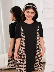 SHEIN Gaun Lengan Pendek Motif Huruf Bunga Hitam untuk Anak Perempuan, Cocok untuk Jalan-jalan dan Sekolah - Hitam - View 6