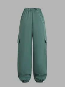 SHEIN Ensemble 2 pièces pour adolescentes, t-shirt décontracté à manches courtes et col rond avec imprimé graphique et pantalon cargo ample à poches, à la mode, pour le quotidien et l'extérieur, vert