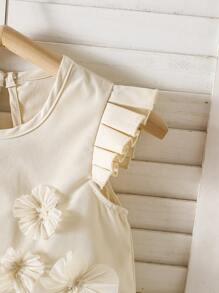 SHEIN 年轻女孩夏季立体花朵细节荷叶边连衣裙 - 黃色 - 查看 4