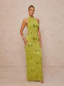 Lumalex 女式亮片刺绣立领露背系带修身连衣裙 - 綠色 - 查看 4