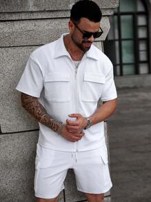 Manfinity CasualCool Conjunto informal de talla grande para hombres de camisa de manga corta de unicolor con bolsillos tipo cargo y pantalón corto