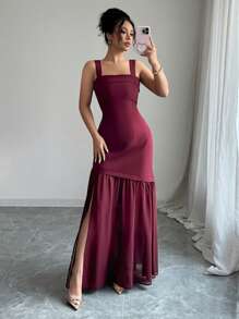 Selianne Vestido maxi fluido de mujer de primavera/verano, elegante y ligero, de lujo y chic, con diseño sencillo para uso diario, de vacaciones y casual, con tirantes anchos, diseño de cintura, bajo asimétrico, malla transparente y abertura, sin mangas - Burdeos - Ver 6