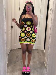 Slaydiva Women's Black Summer Boho Vacation Mesh Crochet Colorful Flowers Contrast Printing Halter Strap Backless Mini Dress 2025 New Style Sweater Dress - Multicolor - View 8