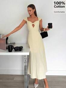 Siren Gaze 女士纯色休闲日常连衣裙，心形领口，精致胸部镂空设计 - 杏色 - 查看 5