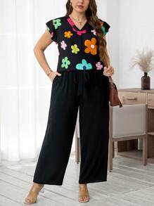 SHEIN LUNE Conjunto casual de vacaciones de verano de dos piezas para mujer de talla grande, con una blusa de encaje de cuello en V y pantalones sueltos de cintura alta para maestras, atuendo de graduación de dos piezas para mujeres