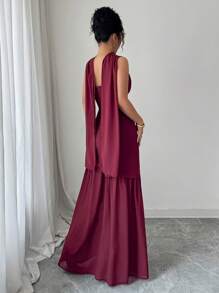 Selianne Vestido maxi fluido de mujer de primavera/verano, elegante y ligero, de lujo y chic, con diseño sencillo para uso diario, de vacaciones y casual, con tirantes anchos, diseño de cintura, bajo asimétrico, malla transparente y abertura, sin mangas - Burdeos - Ver 2