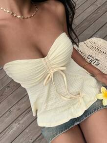 SHEIN EZwear Yellow Knitted Bandeau Top For Women, Minimalist & Fashionable, Suitable For Summer