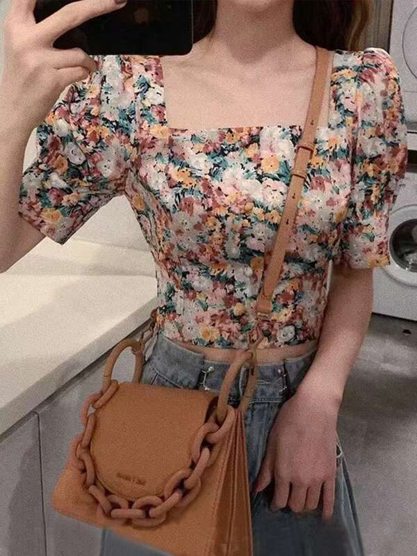 Celisse Summer New Elegant Casual Vacation Floral Print Halter Hollow Out Short Puff Sleeve Square Collar Cropped Women Shirt