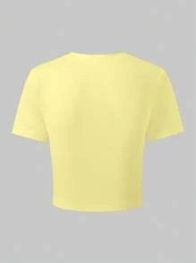 SHEIN Teenage Girls' Casual Fashion Creative Simple Blue Floral Pattern Printed Crop Top Yellow For Girl Yellow Top Girls Summer Clothes For Teen Girls T Shirt Teen Girl Clothes Summer T Shirt Girl Clothes Summer Tops - Yellow - View 2